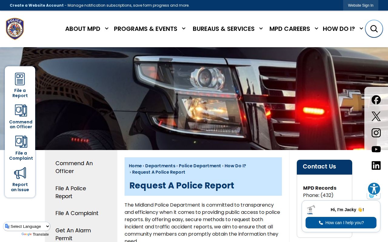 Midland Police Department official request-a-police-report records page