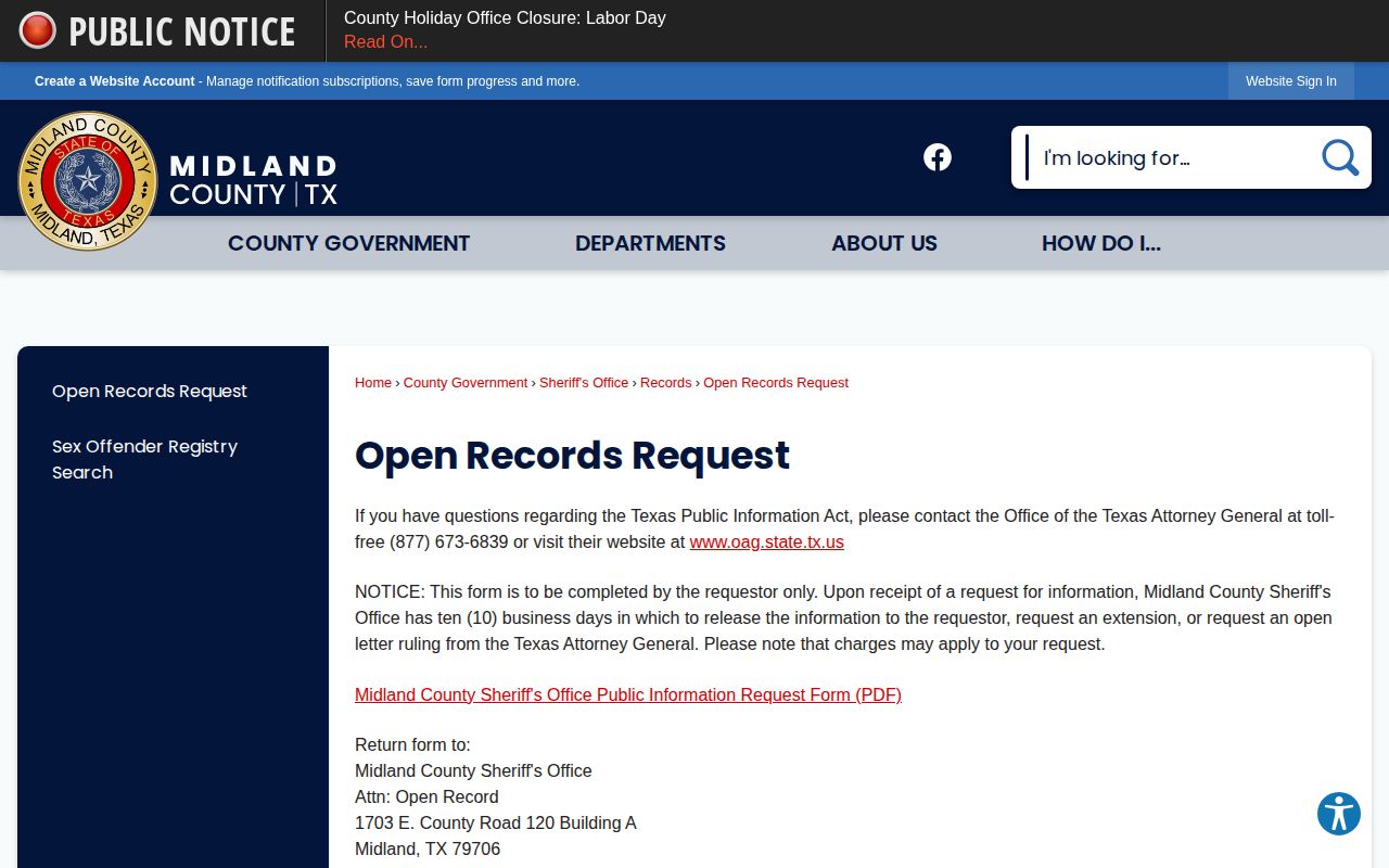 Midland County booking record request page