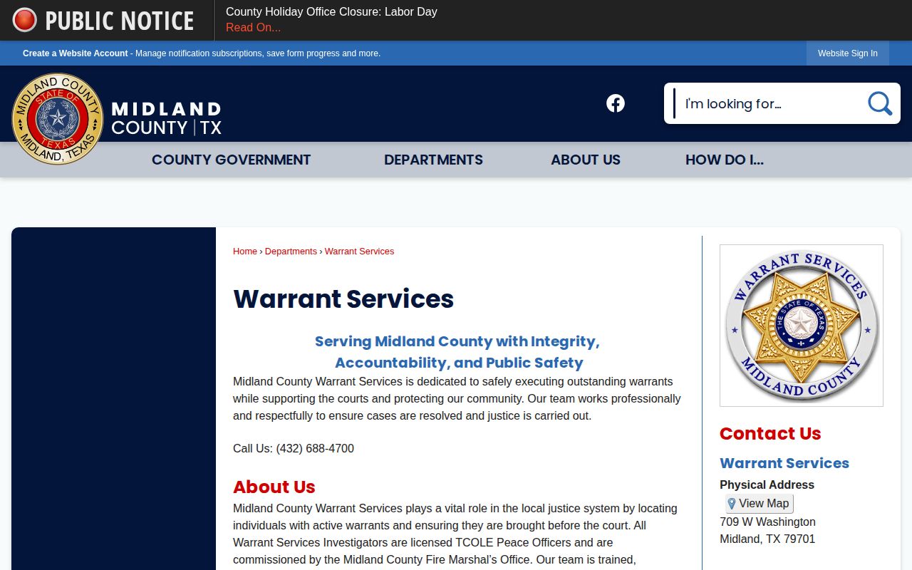 Midland County Warrant Services official warrant-record contact page